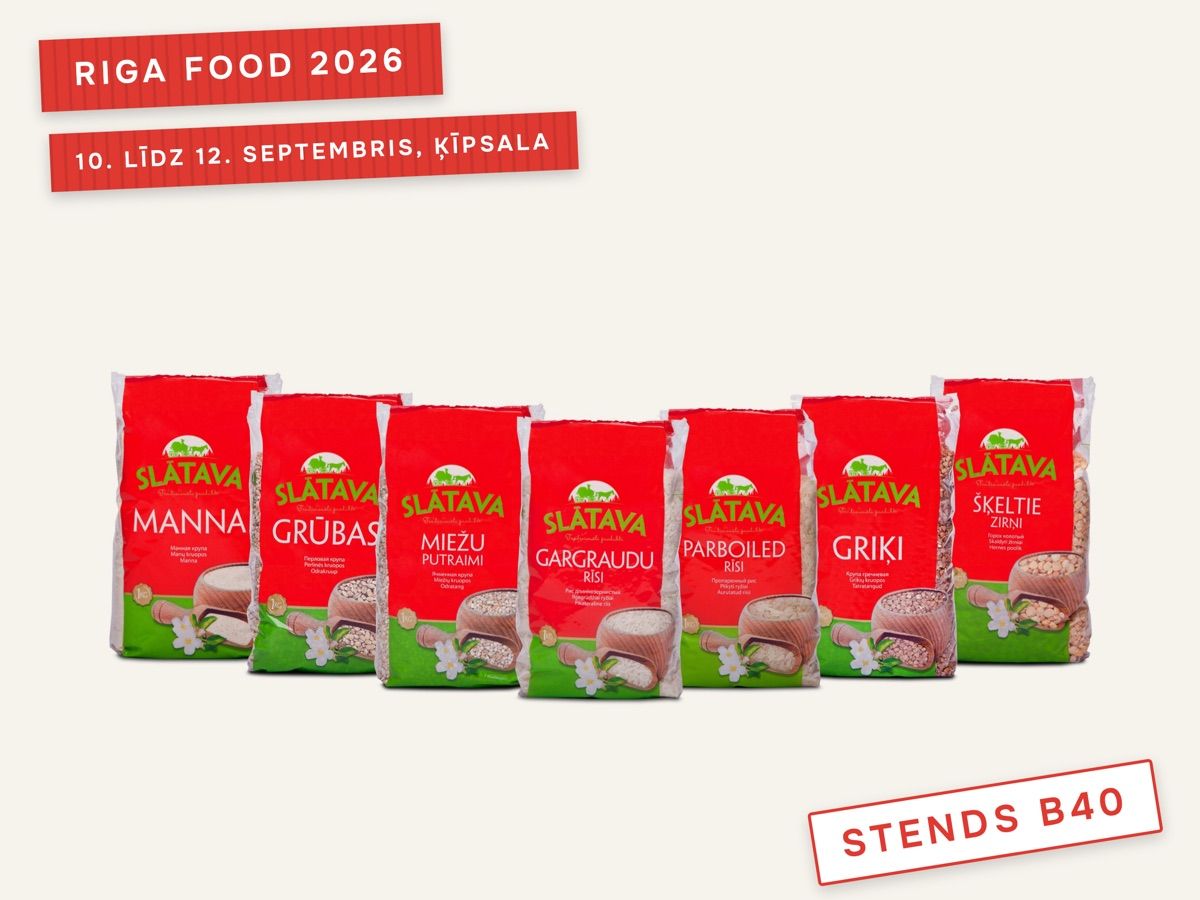SLĀTAVA produktu rinda ar sarkanu lenti Riga Food 2026 un zīmogu Stends B40